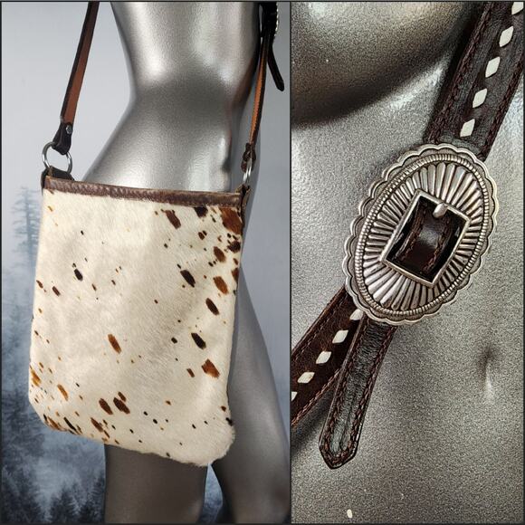 Running Roan Tack Cowhide and Brown Leather Belt Buckle Crossbody Purse - Picture 1 of 11